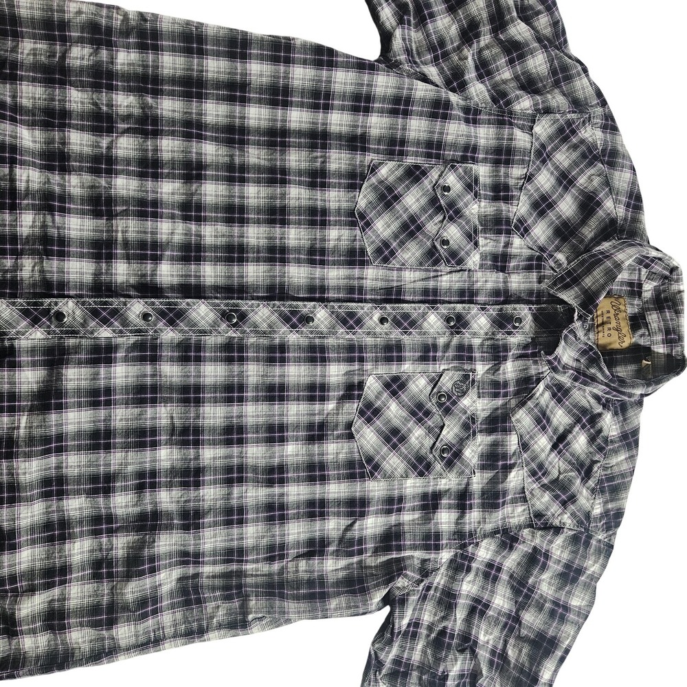 Wrangler Shirt Mens 2XLT Black Plaid Short Sleeve Snap Western Retro Casual